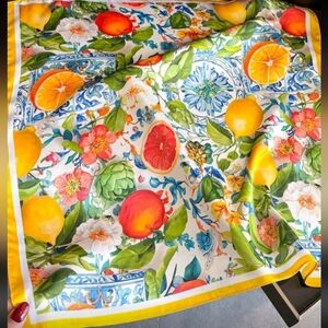 Oranges Lemons Fruit and Floral Pattern Colorful Satin Scarf